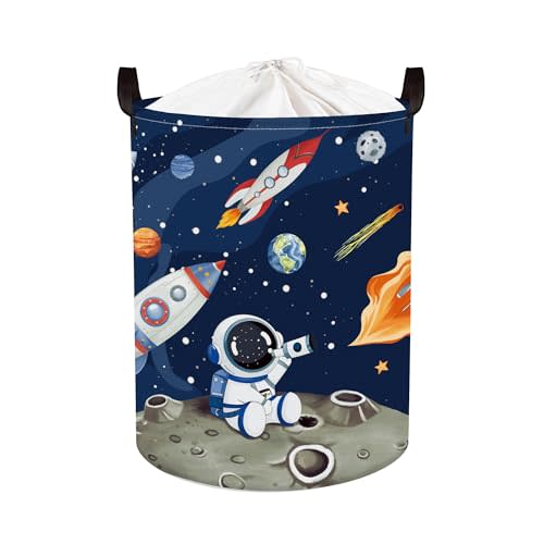 Space Rockets Laundry Hamper Cartoon Astronaut Large Storage Basket Planet Collapsible Parents Organizer Boys Clothes Toy Bins for Bedroom, Bathroom, Blue, 63L