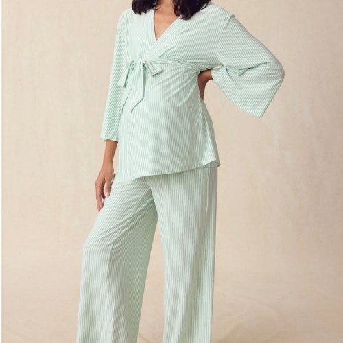 LAKE | Women | DreamModal™ Pajamas | Parisian Green Pencil Stripe Maternity Kimono Bundle