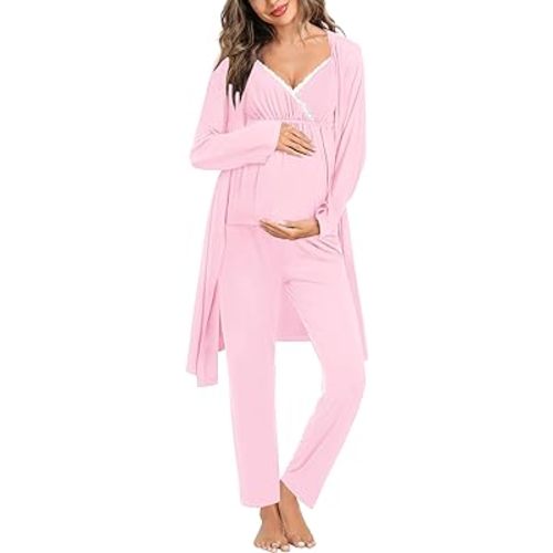 SWOMOG Maternity Nursing Robe Set 3 Piece Breastfeeding Pajamas 3 in 1 Labor Delivery Sleevless Tops&Long Pants Pregnancy Pjs