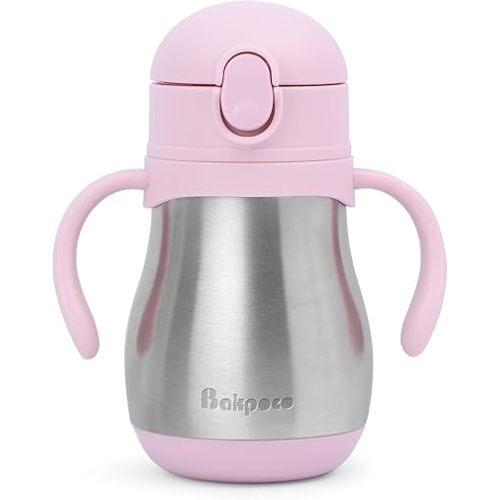 Stainless Steel Sippy Straw Cup for Toddlers 1-3 Years Old, Insulated Toddler Water Bottle Baby Training Tumbler with Handles, 8oz Kids Straw Cups for Travel, Daycare & At Home, Pink
