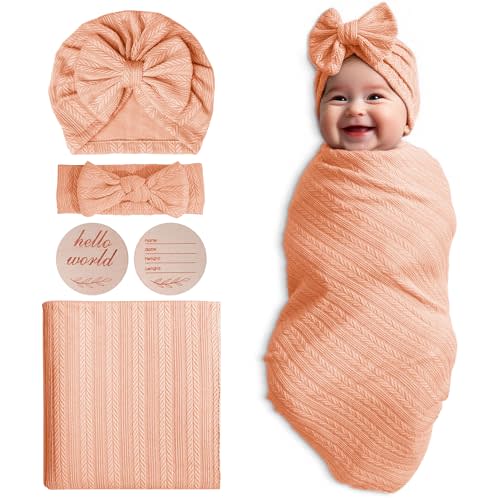 Golener Muslin Swaddle Blankets - Sleepea Swaddle with Bow Headbands, Hats Set and Newborn Name Announcement Card, Stretchy Baby Blankets for Girls&Boys Unisex, Perfect for Newborn Photos (Peach)