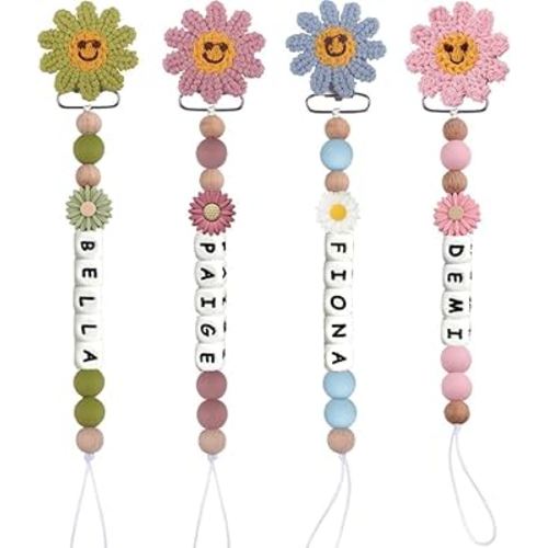 Personalized Pacifier Clip with Name for Baby Boys and Girls, Personalized Name Pacifier Holder (Crochet Flower)