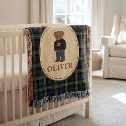 Personalized Plaid Polo Teddy Bear Woven Baby Blanket, Baby Boy Gift, Baby Shower Gift, Custom Throw, Bear Nursery Decor