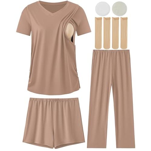 DANSHOW Maternity Nursing Pajama Set Postpartum Lounge PJS | 5Pcs Breastfeeding Sleepwear, Short Sleeve Hiden Double Layer Tops, Adjustable Pants & Shorts for Pregnancy and Postpartum