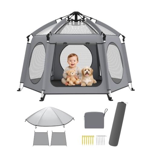 Pop Up Baby Play Pen with Auto-Lock & Aluminum Frame | Instant Setup Portable & Foldable Playpen with Carry Bag, Outdoor Baby Tent with Canopy for Beach, Backyard, Travel & Camping