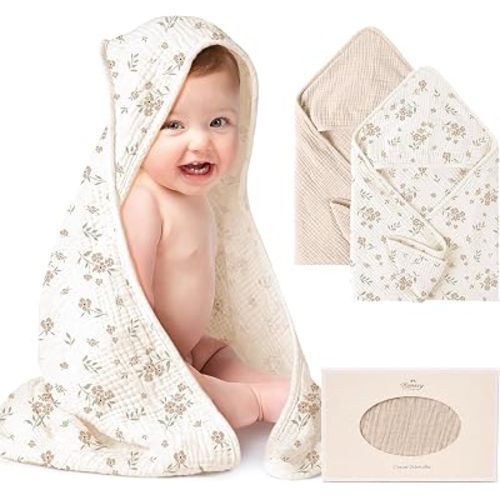 Konssy 2-Pack 100% Muslin Cotton Hooded Baby Bath Towels for Boys and Girls
