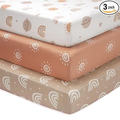 Baby Crib Sheets for Boys and Girls, 3 Pack Fitted Toddler Bed Sheets Neutral for 52”x28” Standard Crib and Toddler Mattresses, Super Soft Microfiber Orange Sun Rainbow