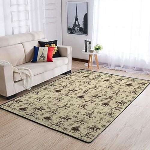 Vintage Western Cowboy Area Rugs Country Cowboy Hat Boots Guitar Throw Carpets Wild West Floor Mats for Kids Nursery Bedroom Living Room Bathroom Kitchen Home Decor Playmat
