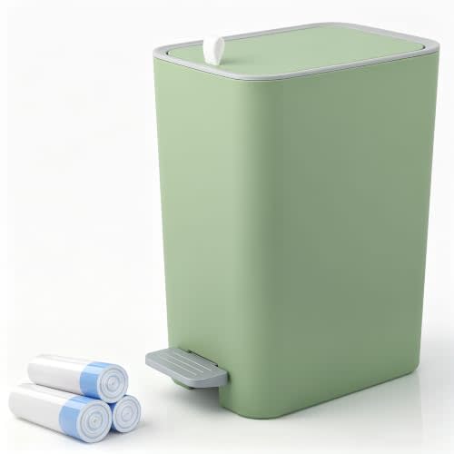 Small Bathroom Trash Can with Lid, 2.1 Gallon Slim Step Trash Can, Green | Mini Garbage Can with Handle for Bedroom, Office, Dorm, Narrow Plastic Wastebasket with Soft Close Pedal for Small Spaces