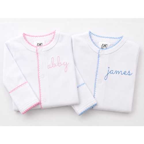 Personalized Baby Footie: Picot Trim Cotton Knit Romper-Twins-Newborn Coming Home-Take Home Set