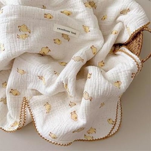 BuLuTu Cute Duck Pattern Baby Blanket Muslin Toddler Quilt Blankets Boys Girls Breathable Cotton Baby Bedding Thin Nursery Blanket for Summer, Shower Gift, 47"x51"