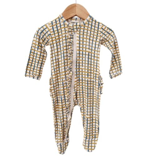 Ruffle Zipper Footie, Blue Check, Size: 6 - 9 mo.