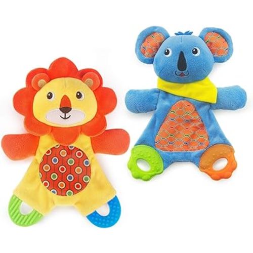 teytoy My First Baby Teething Toy, 2pcs Soft Crinkle Cloth Baby Toys for Toddler, Infants and Kids Perfect for Baby Shower(Lion and Koala)