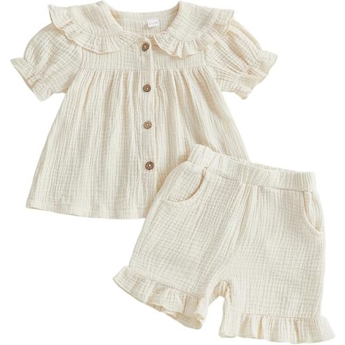 Toddler Baby Girl Clothes Cotton Linen Short Sleeve Button Up Collar Shirt Ruffle Shorts Set 2 Piece Summer Outfits