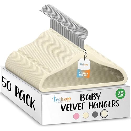 TechZoo 50 Premium Baby Velvet Hangers - 11.8" Non-Slip, Ultra-Slim Space-Saving Children Closet Hangers - 360° Swivel Hook, Strong & Durable Infant & Toddler Clothes Hangers for Wardrobe - Ivory