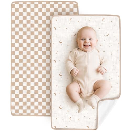 Konssy 2 Pack Waterproof Muslin Portable Changing Pad, Diaper Changing Mat | Soft & Foldable, Cotton Surface with Terry Backing & Waterproof Lining, for Newborn Girls & Boys, 30"x17" (Coffee Check,Moon)