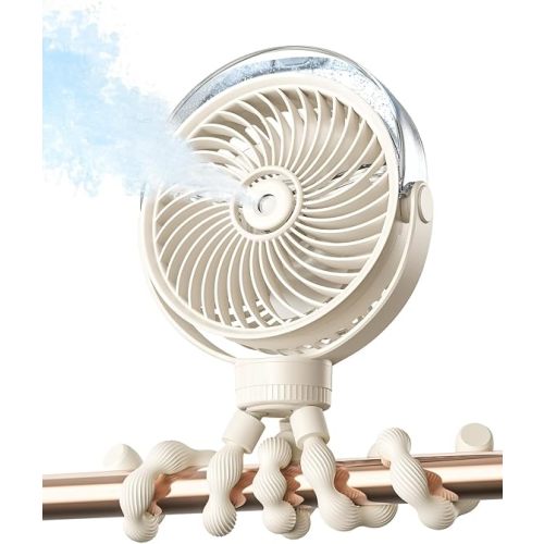 SWEETFULL Misting Stroller Fan – Portable Baby Fan with Spray Cooling, 4 Speeds, Quiet Rechargeable Fans for Travel, Outdoor, Golf Cart, Car Seat, Beach (Beige)