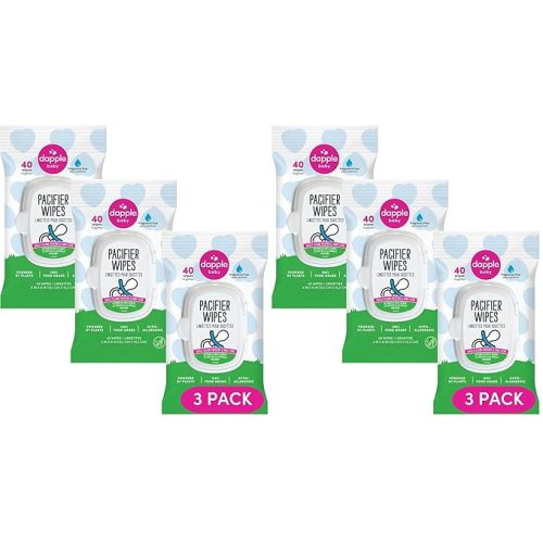 Dapple Pacifier Wipes, for Baby and Toddlers, Diaper Bag Essentials, Fragrance Free 40 Ct, Pack of 6