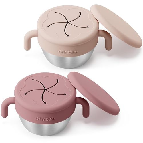 Fimibuke Snack Containers for Toddler Kids, 12 OZ Stainless Steel Snack Cup | Spill Proof Baby Cups w/ Removable Silicone Food Catcher, Handles & Travel Lid BPA-Free Dishwasher Safe Food Container 2 Pack