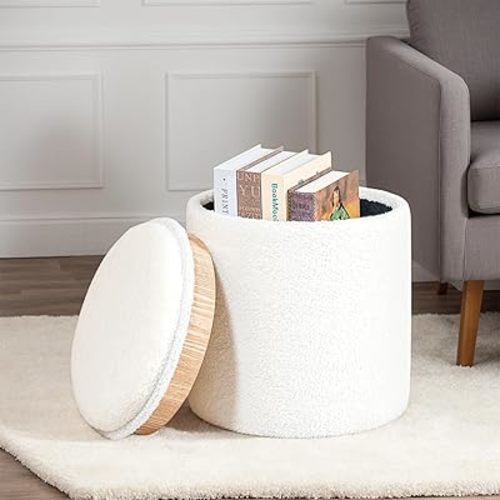 Round Storage Ottoman, 3-in-1 Padded Foot Rest & Side Table with Raised Edges, Loop Yarn Fabric Compact Ottoman for Small Spaces for Living Room - White