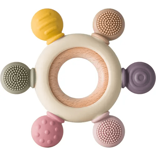 Baby Teething Toys Silicone Teethers BPA Free Silicone Rudder with Wooden Ring Soothe Babies Gums (Khaki)