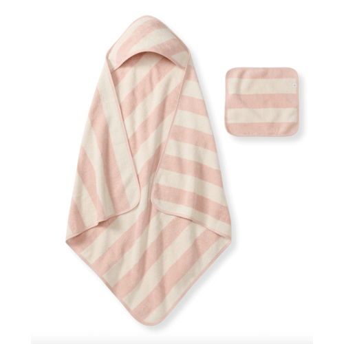 Organic Cotton Rugby Stripe Woven Terry Towel & Washcloth Set - Pink Sand