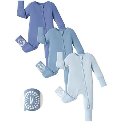 PATPAT Baby Footies Boys Girls - Bamboo Viscose - Zipper & Non-Slip Soles Romper Mitten - Footed & Footless Infant Clothes