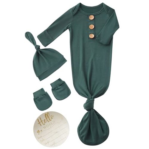 Newborn Baby Knotted Gown Headband/Hat Set Clothes Bamboo Viscose Sleep Gown with Announcement Sign