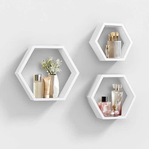 AHDECOR Hexagon Floating Shelves Set of 3, White Modern Hexagonal Wall Organizer Hanging Shelf