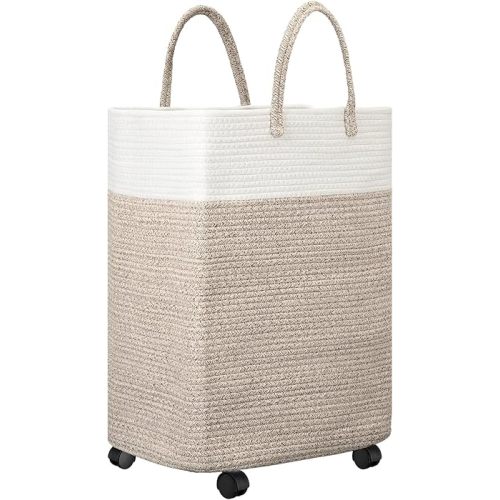 LemonRoad Woven Laundry Basket with Wheels 65L Cotton Rope Laundry Woven Hamper Nursery Storage Basket for Toys Large Dirty Clothes Blankets Bedroom Rice Brown
