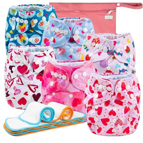 Wegreeco Cloth Diapers 6 Pack with Inserts & Wet Bag, Washable Reusable Diapers for Babies, One Size Adjustable (Chinese Rose)