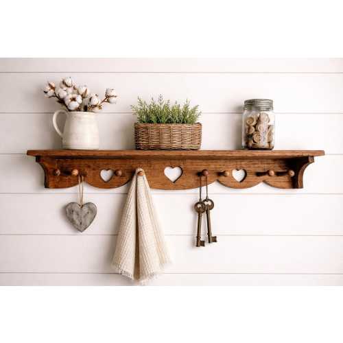 Farmhouse Wall Heart Shelf with Peg Hooks - Rustic Wooden Entryway or Mudroom Organizer, Nursery Decor, Coffee Station Decor