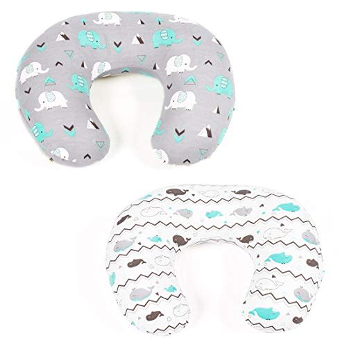 Stretchy Nursing Pillow Covers-2 Pack Nursing Pillow Slipcovers for Breastfeeding Moms,Ultra Soft Snug Fits On Infant Nursing Pillow,Elephant & Whale