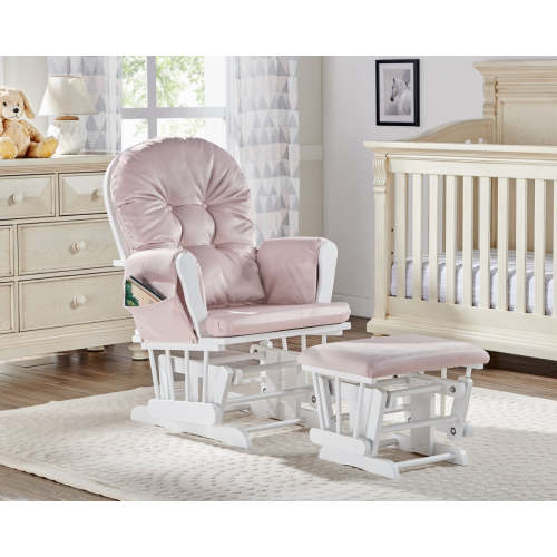 Mason Glider Ottoman Set White Wood Frame Pink Upholstery Nursery Seating with Storage