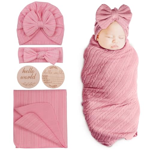 DRESHOW BQUBO Baby Swaddle Blankets for Girls, 4PCS Newborn Accessories Set with Hat and Bow Headband with Hello World Wooden Birth Announcement Card, Baby Blankets for Girls