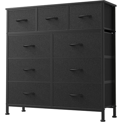 DUMOS 9 Drawer Dresser for Bedroom, Fabric Storage Organizer with Sturdy Metal Frame, Wooden Top Chest of Drawers for Closet Entryway Guest Room,Matte Black