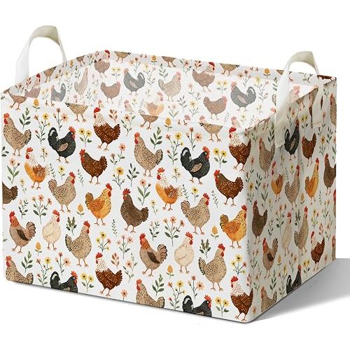 Farm Chicken Canvas Storage Basket, Brown Farm Nursery Decor, Flower Baby Nursery Storage Organizer, Rustic Birthday Gifts for Baby, Waterproof Foldable Basket with Handles for Bedroom Bathroom