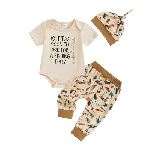 Newborn Baby Boy Fishing Outfit Letter Short Sleeve Romper Fish Print Pants Hat 3Pcs Set Baby Fishing Summer Clothes - TikTok Shop