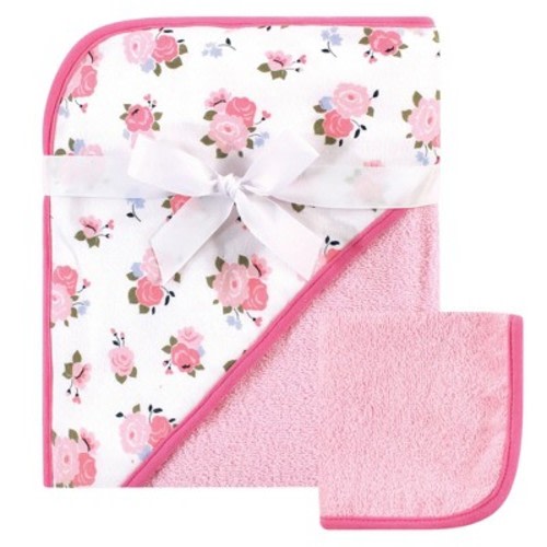 Luvable Friends Infant Girl Cotton Hooded Towel and Washcloth, Floral