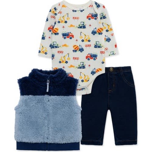 Trucks Long Sleeve Bodysuit, High Pile Fleece Vest & Jeans Set, 6M