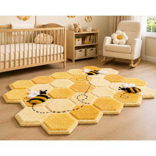 Honeycomb Tufted Rug, Bee Nursery Area Carpet, Kids Shag Playroom Decor
