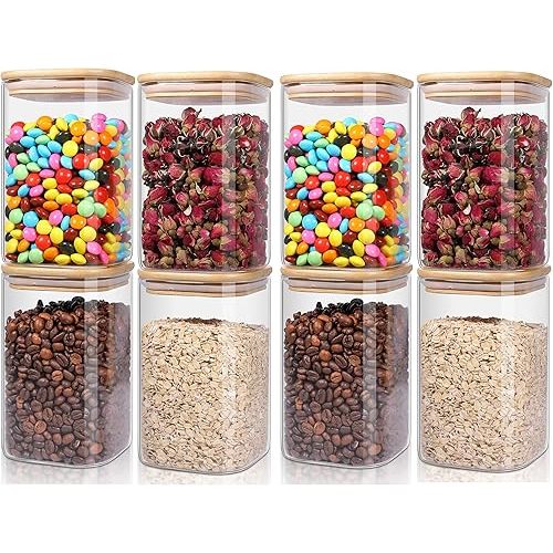 Glass Storage Jars Squar 8 Pack 26 oz Clear Glass Food Storage Containers with Airtight Bamboo Lid Stackable Kitchen Canisters for Candy,Cookie,Rice,Sugar,Flour,Pasta,Nuts and Spice Jars(Square)