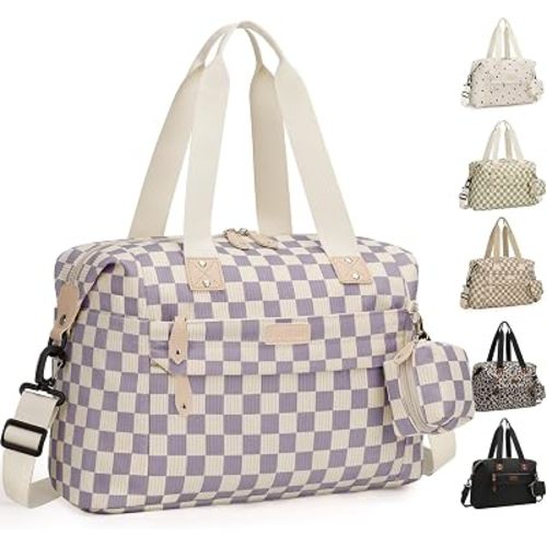 Pritent Diaper Bag Tote - Diaper Baby Bags with Pacifier Case, Shoulder Straps, Stroller Clips, Waterproof Large Mommy Maternity Travel Baby Bag for Mom and Dad, Checkered purple, Medium