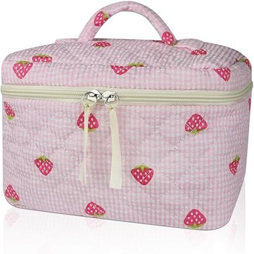 1pc Large Makeup Bag, Cute Cosmetic Bag for Women Girls, Floral Coquette Aesthetic Toiletry Bag, Travel Make Up Organizer Bag (Pink Strawberries
