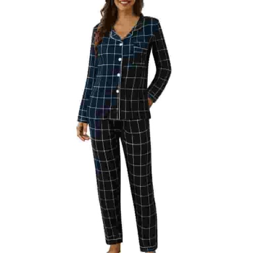 Bpxiofoy Pajama Sets for Women 2 Piece Button Up Pajamas Women Casual Lapel Button Plaid Printing Two Long Sleeve Pajamas Pajamas Suit Pajama Pants Pj Sets Q Xl