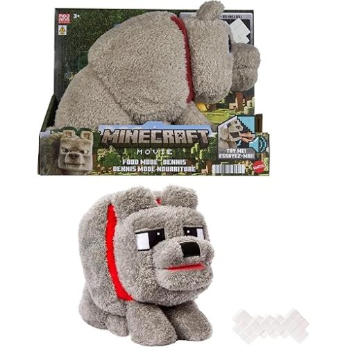 Mattel Minecraft Dennis The Wolf Plush Toy with Feeding Action & Sound, Food Mode Stuffed Animal Inspired by A Minecraft Movie
