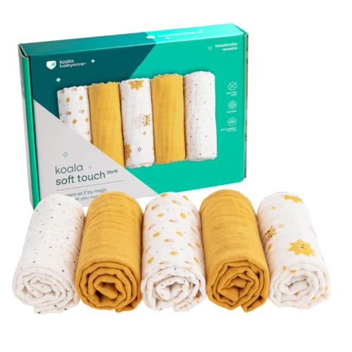 Koala Babycare 5 Pack 20"x10" Muslin Burp Cloths for Baby Boys and Girls - GOTS & Oeko-TEX Cotton Burp Rags for Newborns - Absorbent Neutral Burping Cloths for Feeding - Washable Baby Bibs Essentials