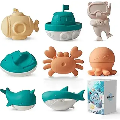 MarcZero Ocean Silicone Bath Toys 8Pcs for Toddlers Kids Babies,Bathtub Water Toys,Soft Squeezable Easy-Grip Pool Toys Set (Green)