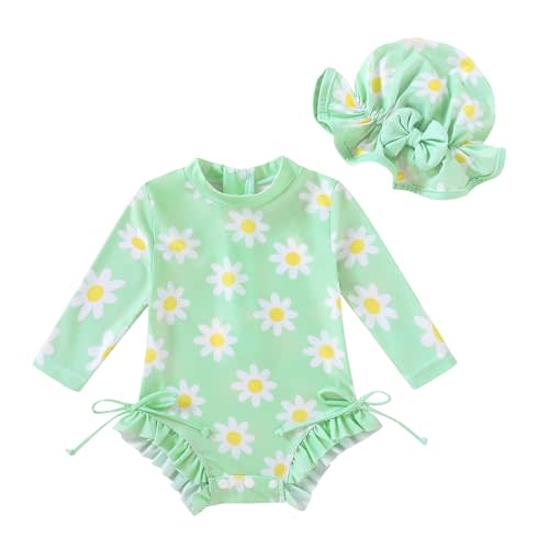 Infant Baby Girl Swimsuit Long Sleeve One-Piece Swimwear Zipper Ruffled Bathing Suit