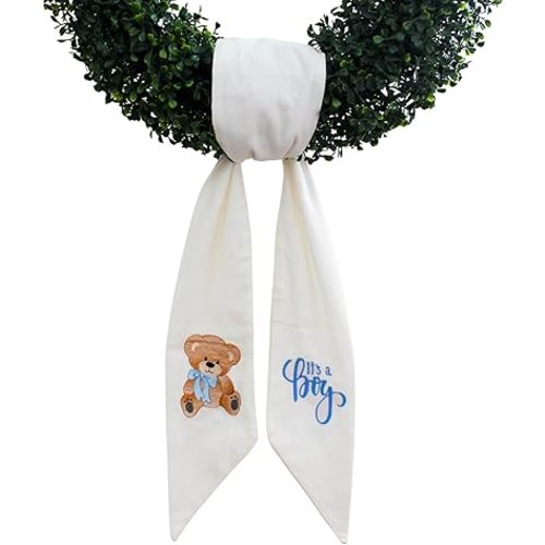 Wreath Sash for Front Door, It's a Boy, Newborn, Monogram and Embroidery, Quality White Linen, Baby Shower, Porch Accessories, and Boxwood Decoration - 56" L x 4.5" W, Indoor Outdoor Décor